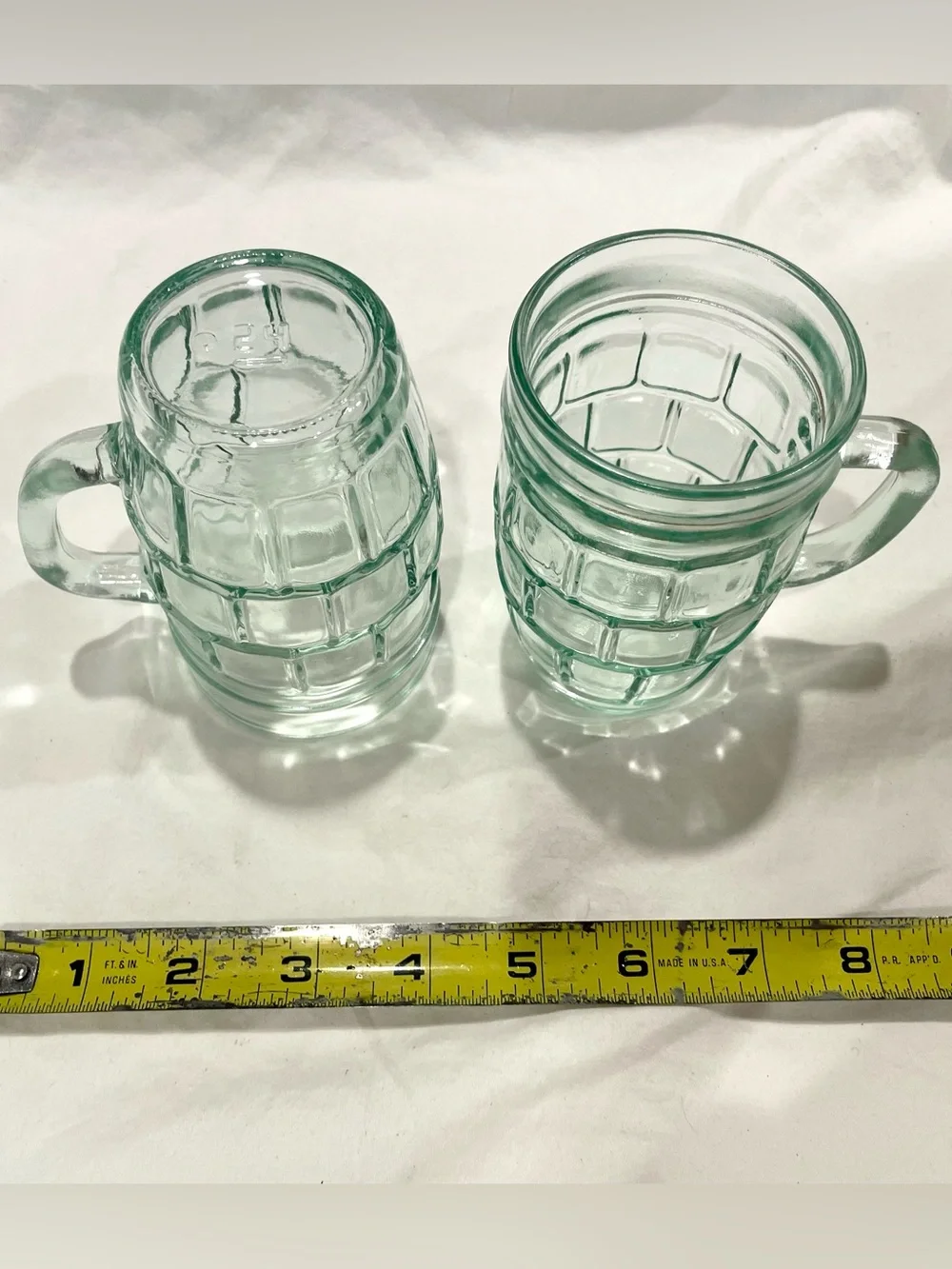 ☀️2/$20 Anchor Hocking Small Barrel Green-Tinted Vintage Glass Beer Mugs Set